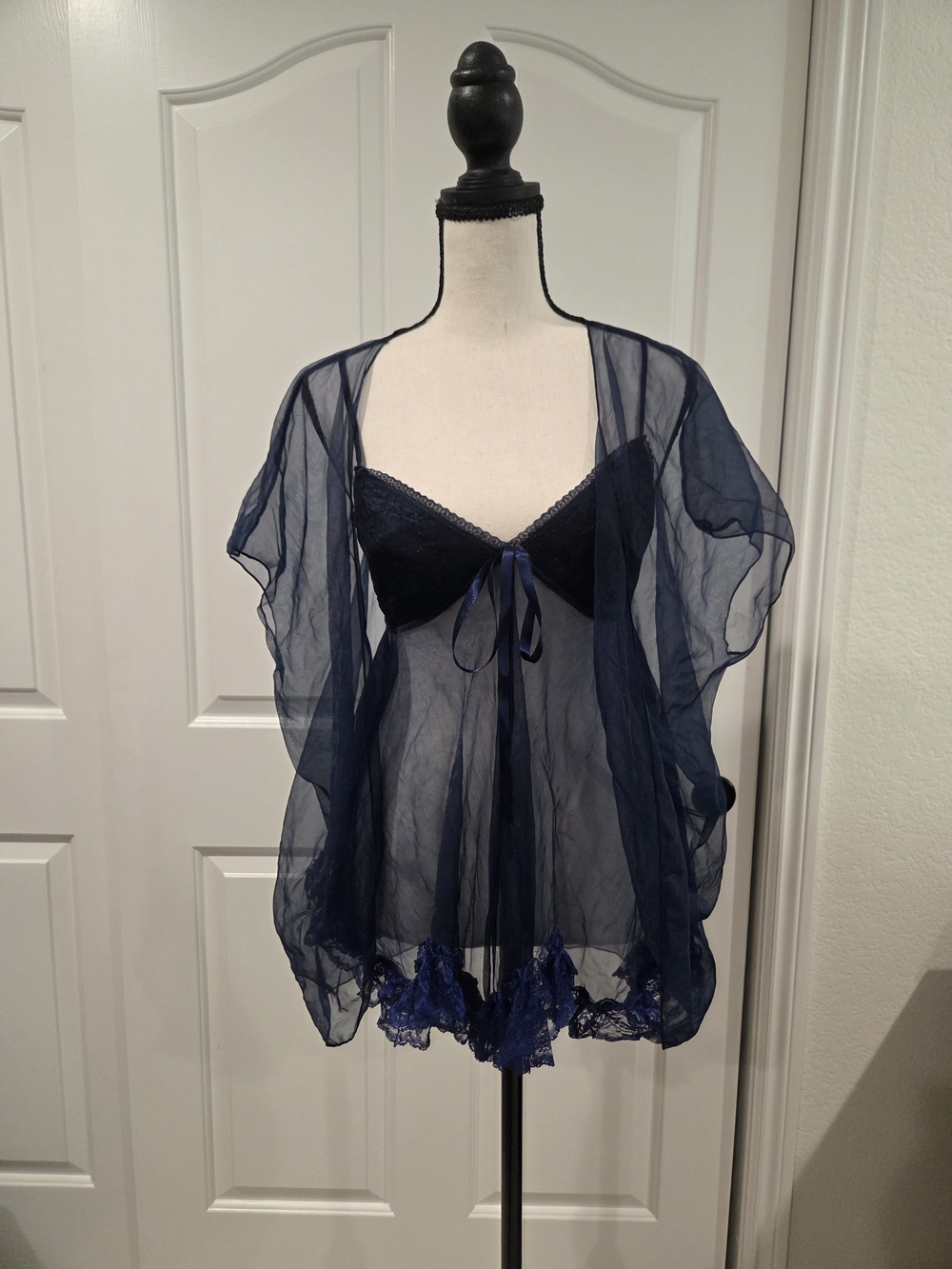 Escante Collection Sheer Navy Blue Lace Babydoll Lingerie Set Robe & Chemise Wom